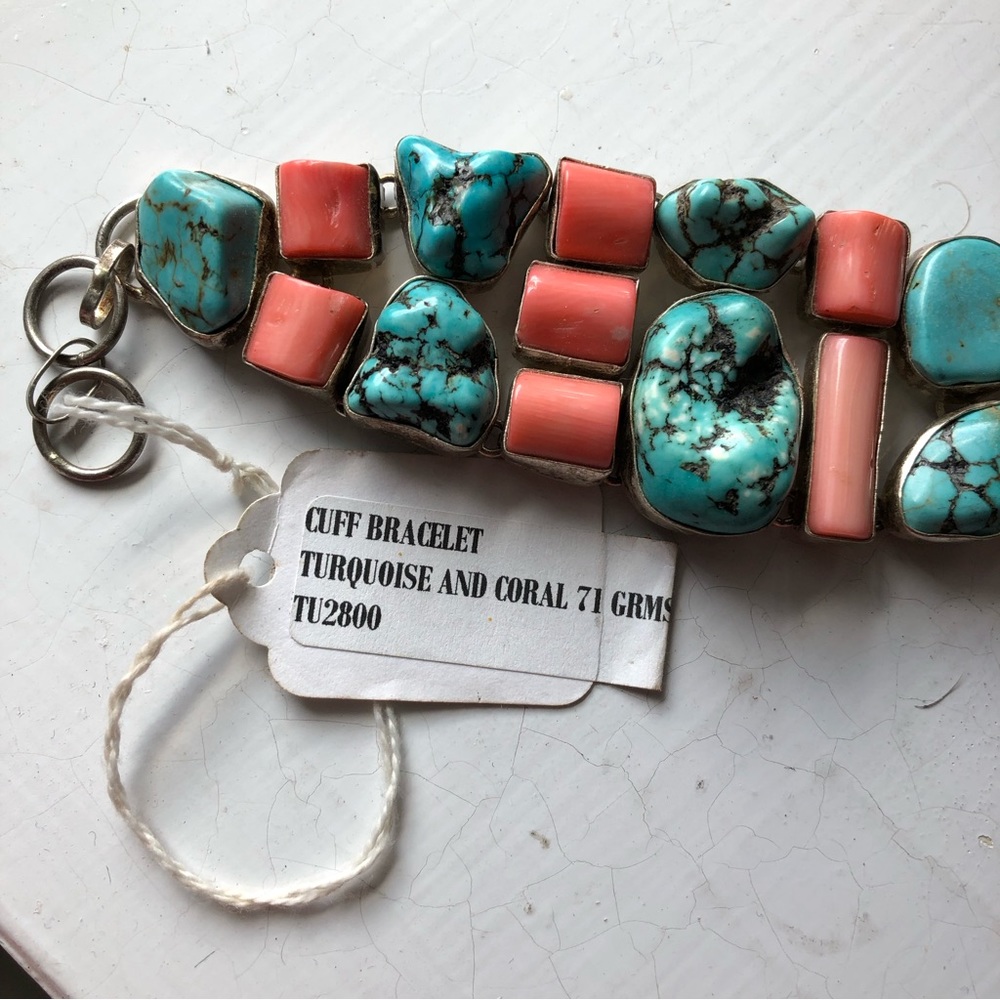 Turquoise and coral cuff bracelet